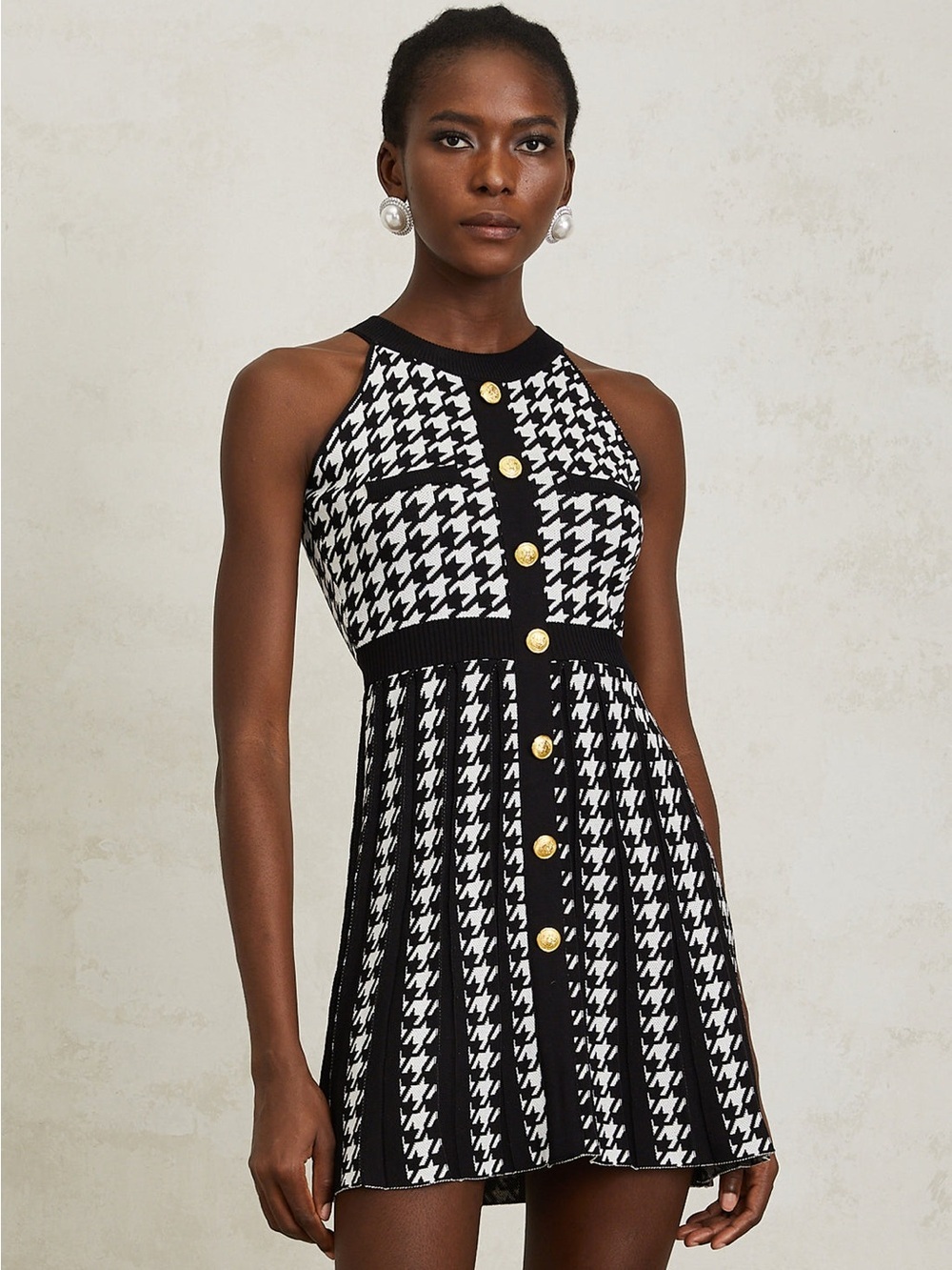 Miss Rosier Jacqueline Black Houndstooth Knit Mini Dress Pleated Size Medium NWT